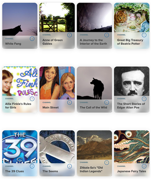 Discovery Audiobooks Screenshot including titles White Fang, Anne of Green Gables, The 39 Clues, Beatrix Potter, etc.